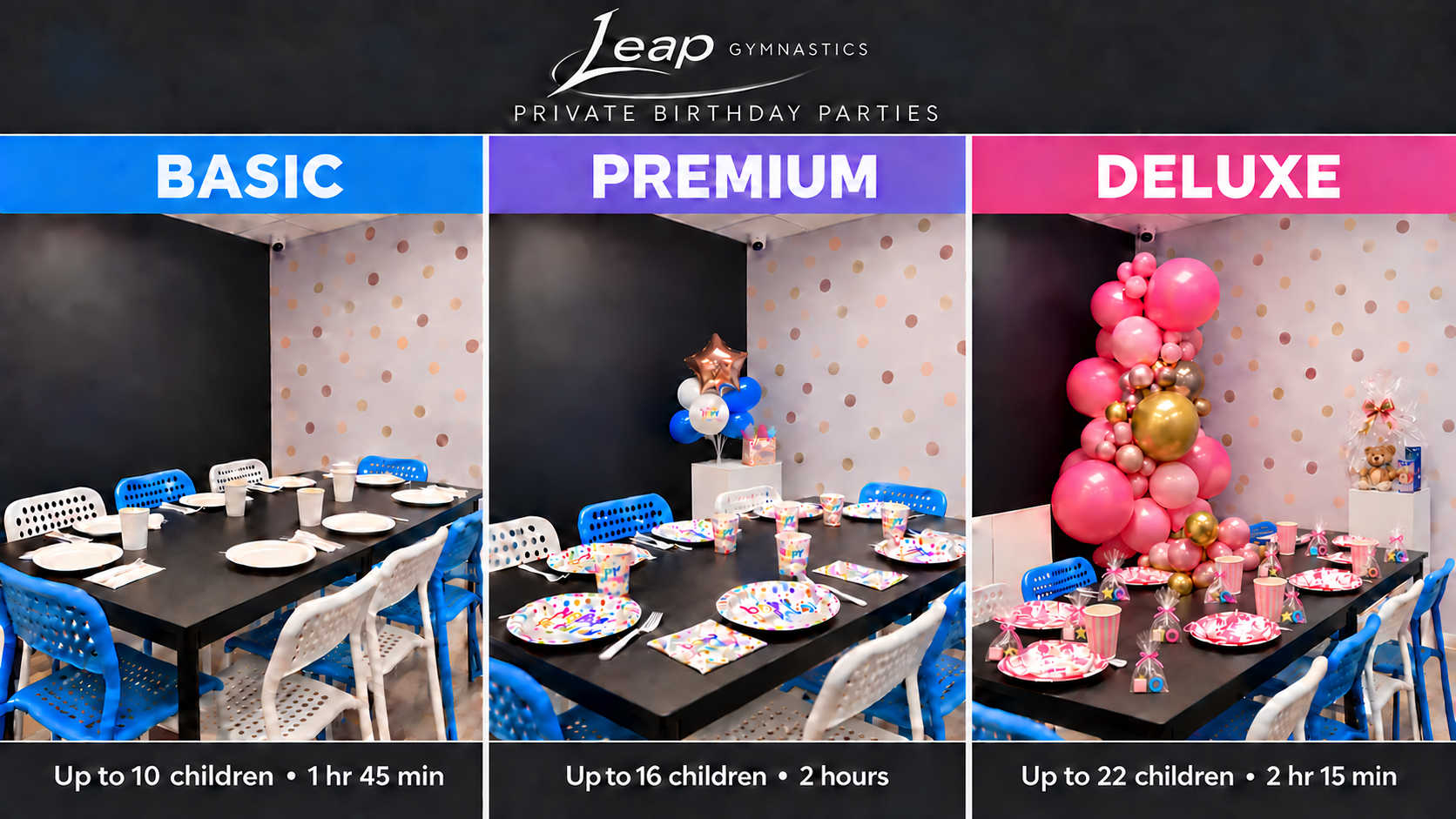 Leap private birthday party packages: Basic includes up to 10 children for 1 hour 45 minutes; Premium up to 16 children for 2 hours; Deluxe up to 22 children for 2 hours 15 minutes